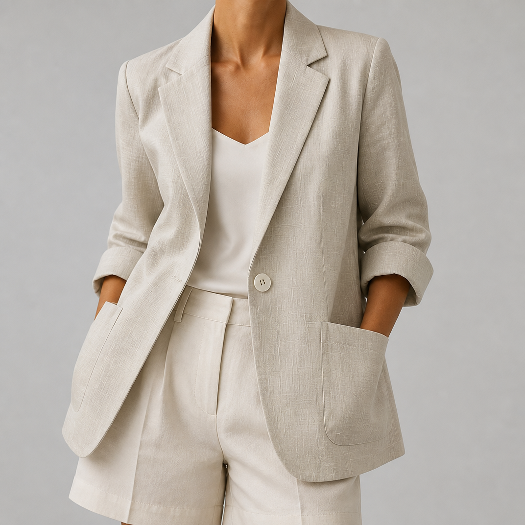 Women's Olive Green Slub Linen Single-Breasted Blazer