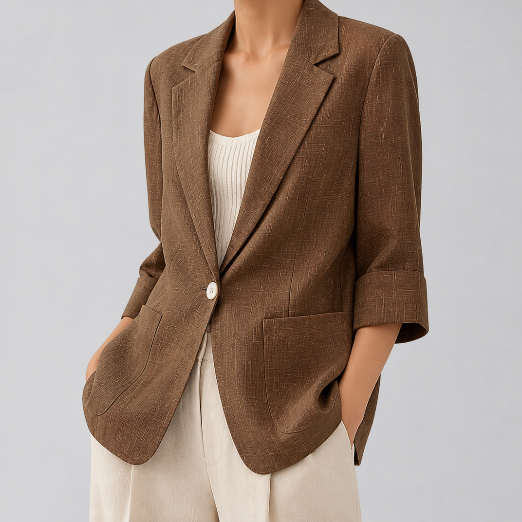 Women's Olive Green Slub Linen Single-Breasted Blazer