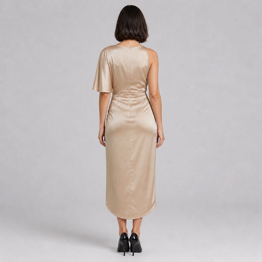 Women’s One-Shoulder Asymmetrical Satin Dress with Ruched Waist