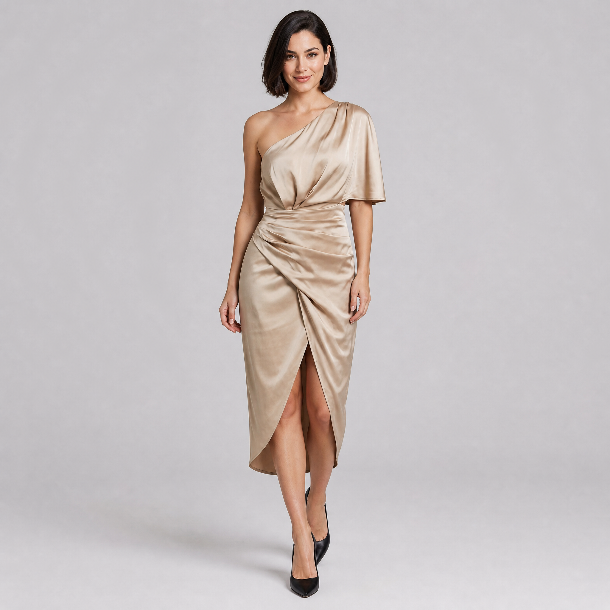 Women’s One-Shoulder Asymmetrical Satin Dress with Ruched Waist