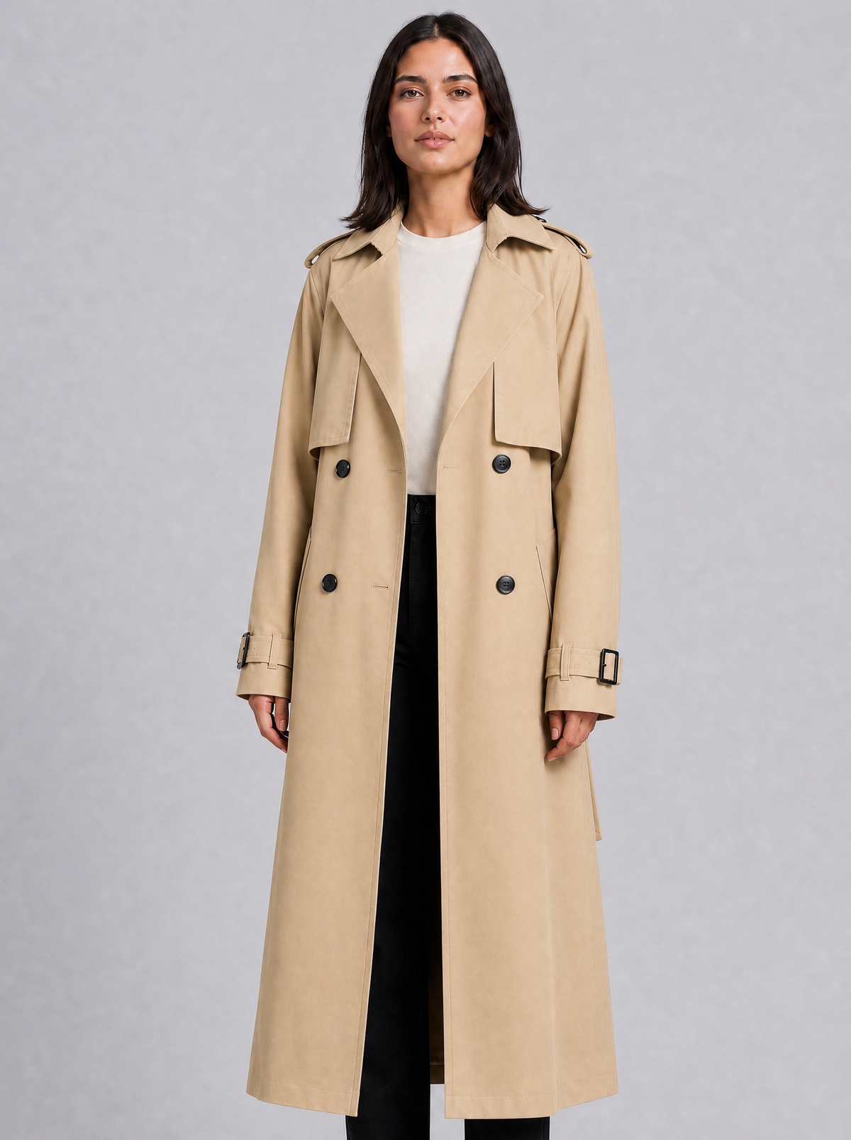 Women's Peached Double Breasted Longline Trench Coat Tailored Fit - product view 4