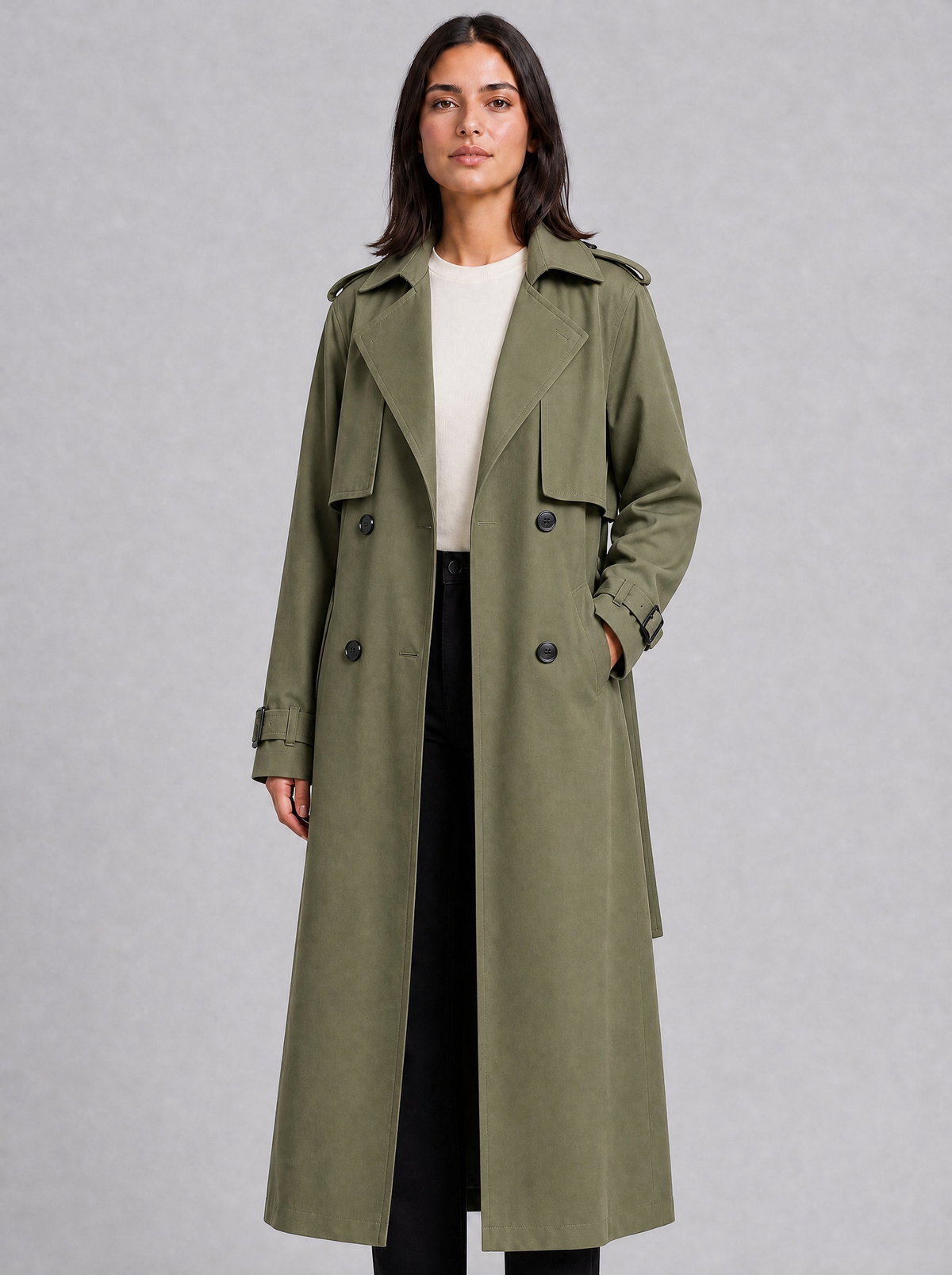 Women's Peached Double Breasted Longline Trench Coat Tailored Fit - product view 5