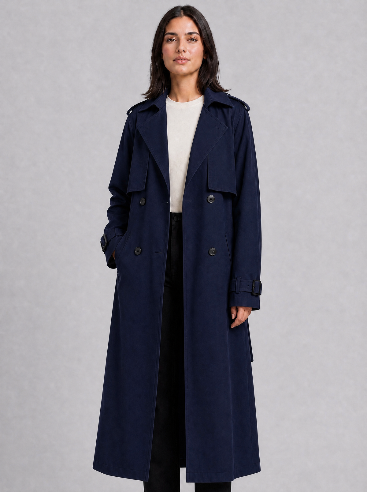 Women's Peached Double Breasted Longline Trench Coat Tailored Fit - product view 3