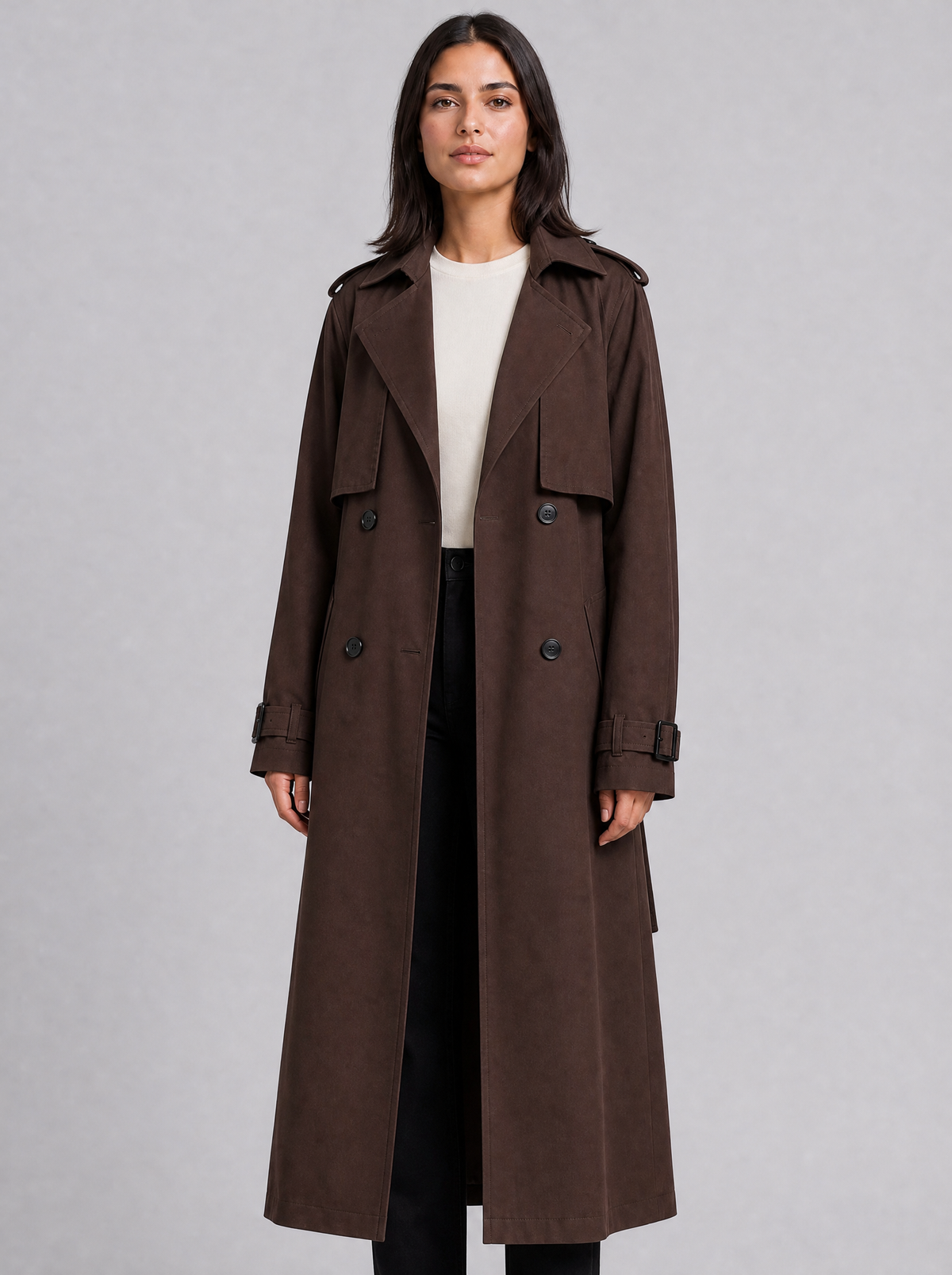 Women's Peached Double Breasted Longline Trench Coat Tailored Fit - product view 2