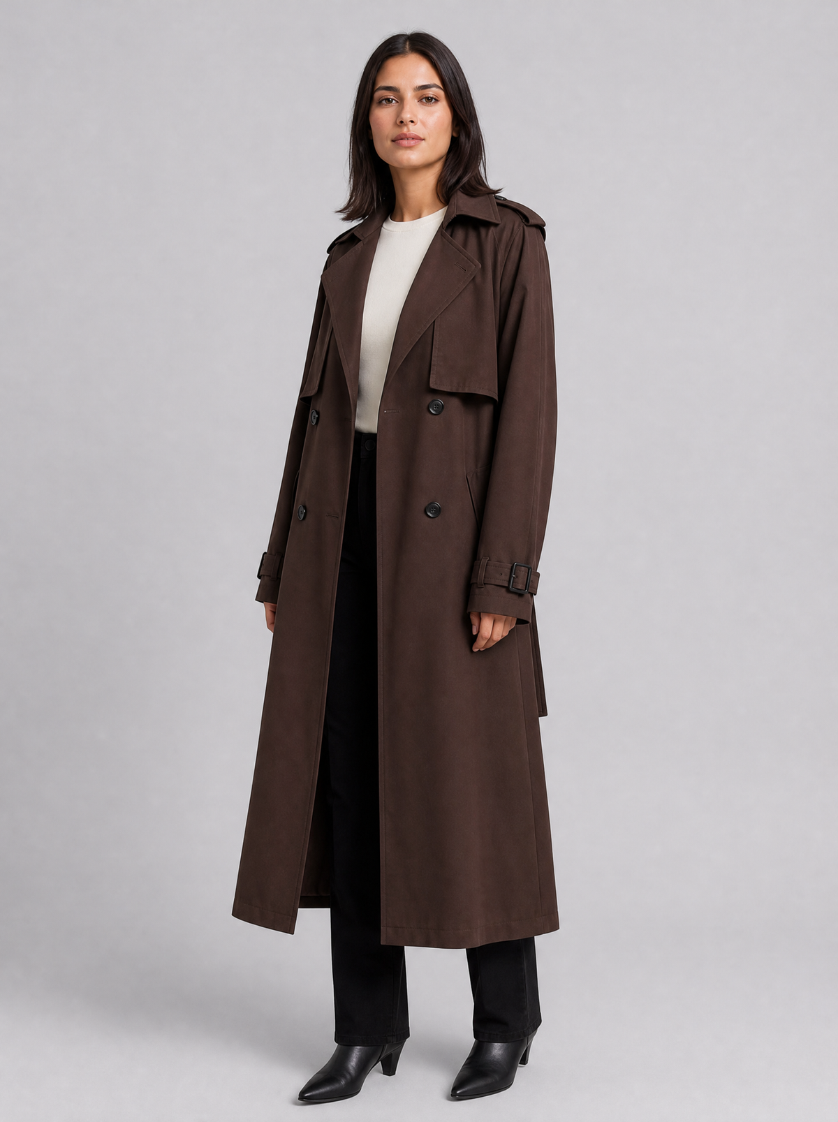 Women's Peached Double Breasted Longline Trench Coat Tailored Fit - product view 1