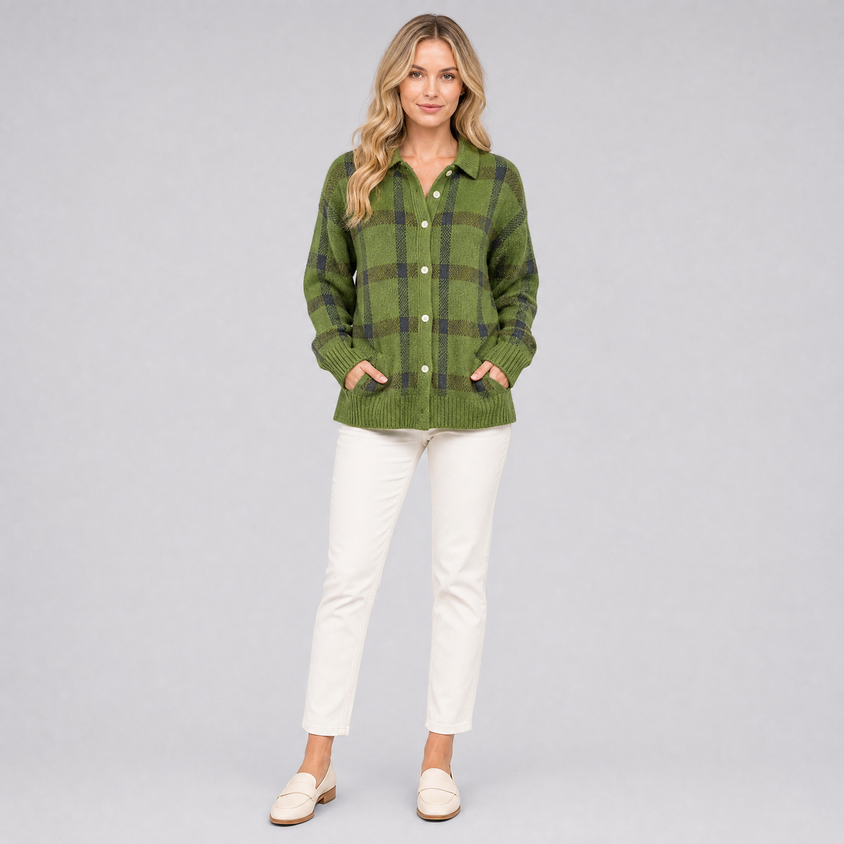 Women's Plaid Knit Collared Cardigan