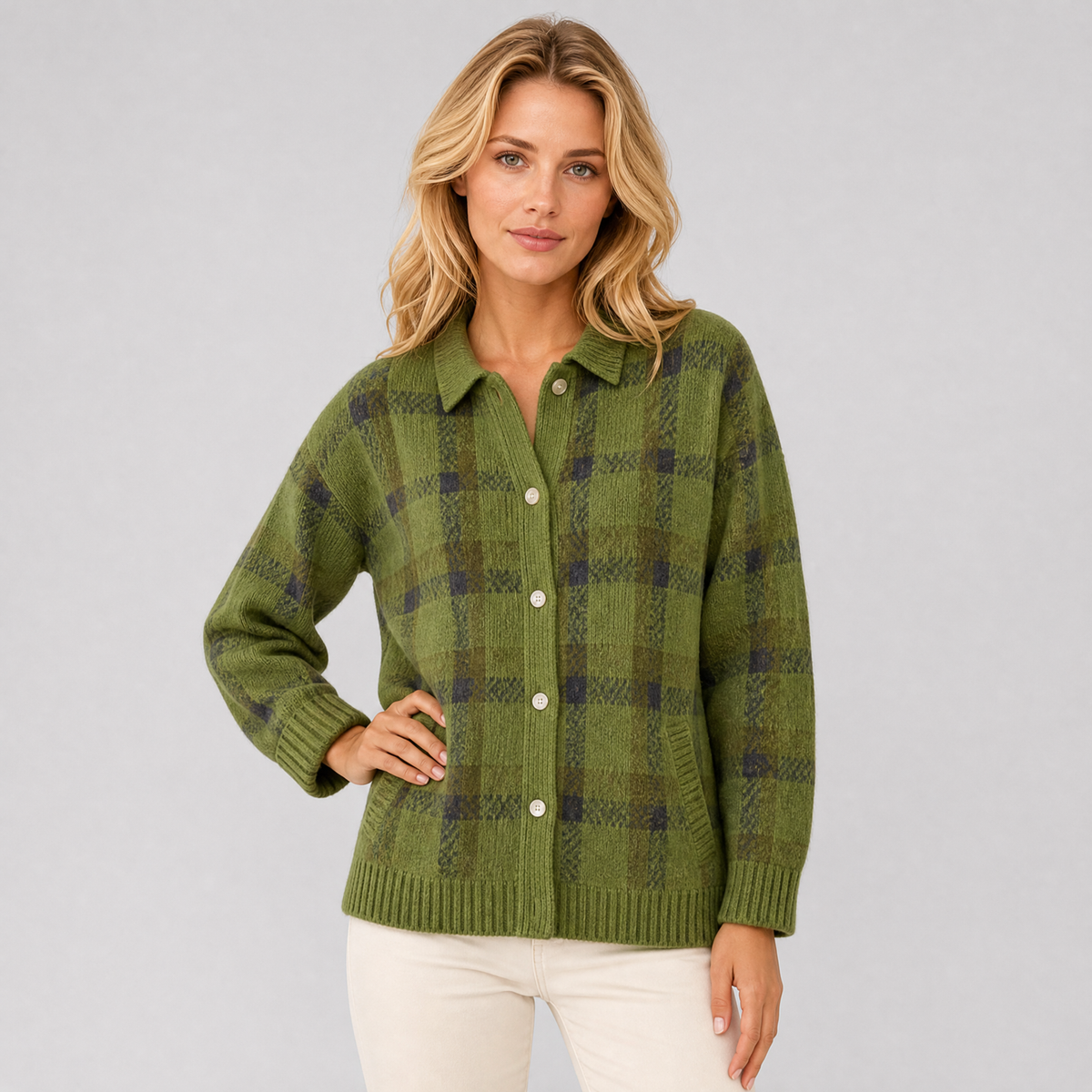 Women's Plaid Knit Collared Cardigan