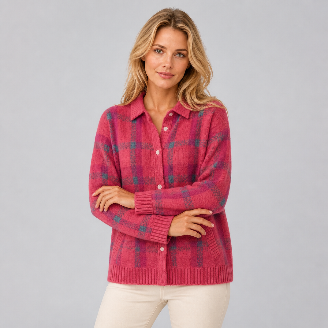 Women's Plaid Knit Collared Cardigan