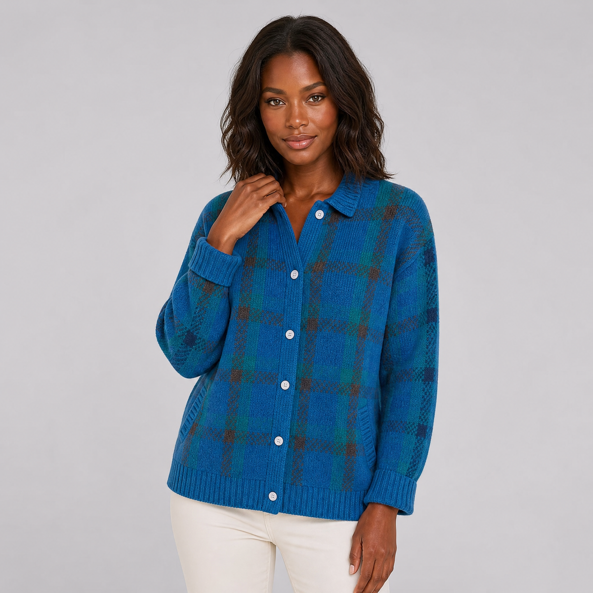 Women's Plaid Knit Collared Cardigan