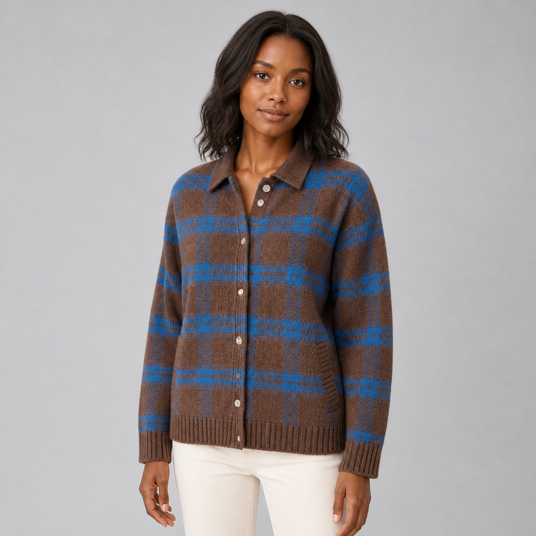 Women's Plaid Knit Collared Cardigan