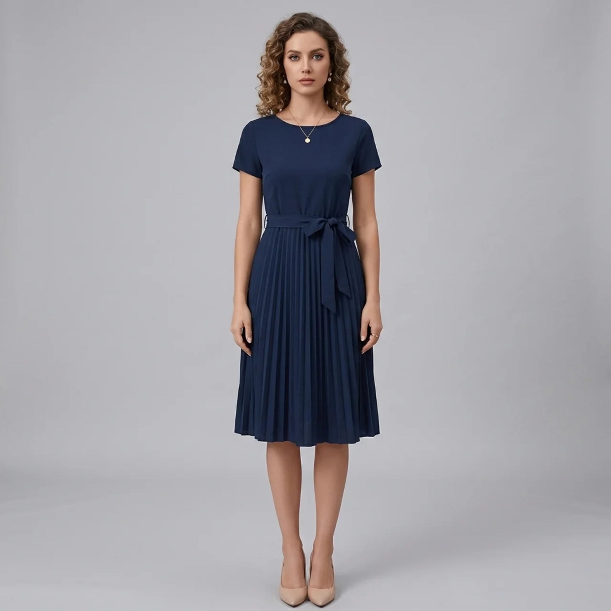 Women’s Pleated Belted Crew-Neck Midi Dress