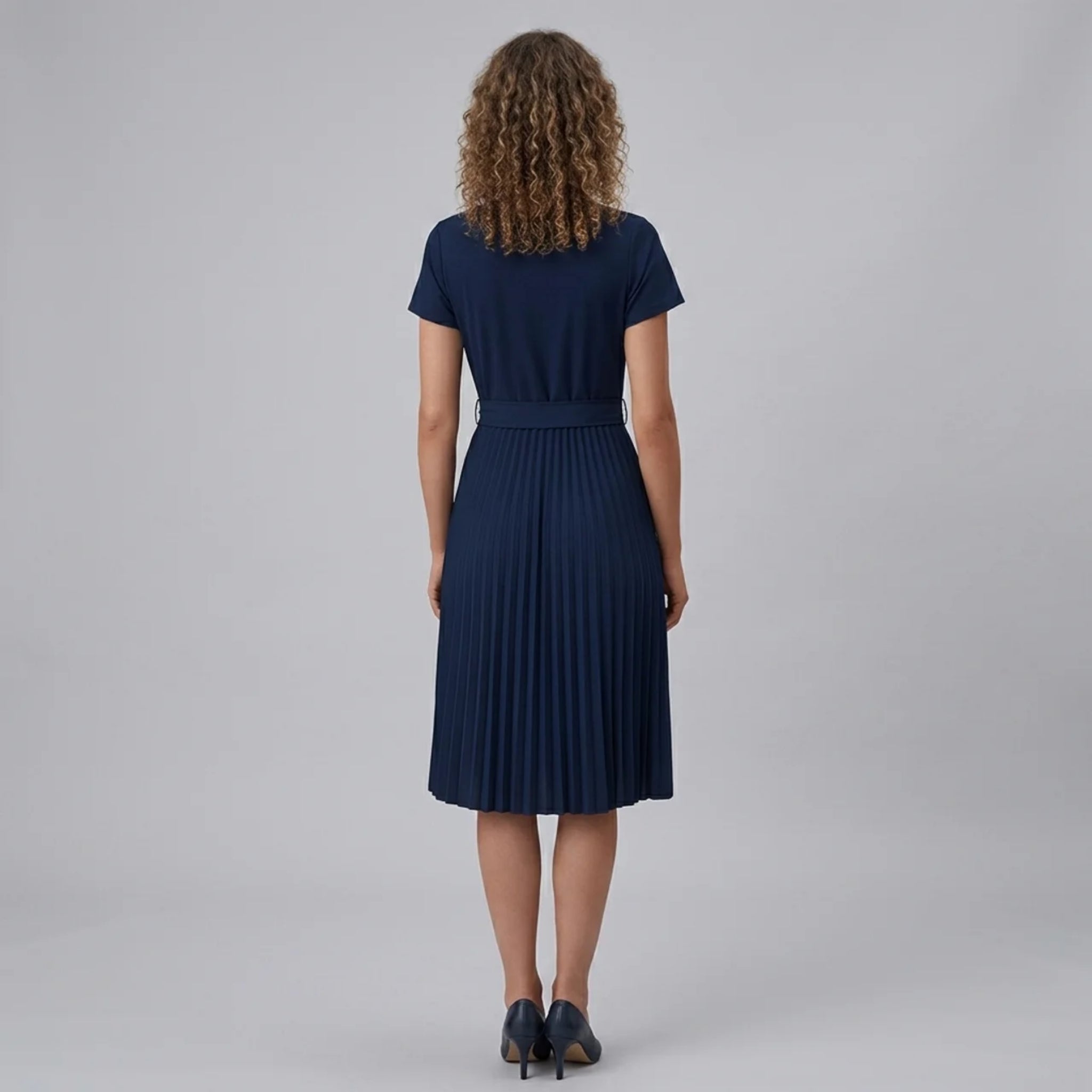 Women’s Pleated Belted Crew-Neck Midi Dress