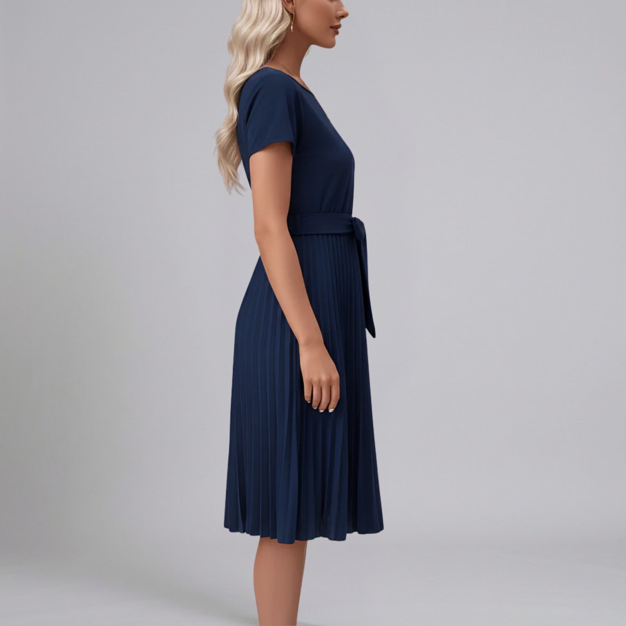 Women’s Pleated Belted Crew-Neck Midi Dress