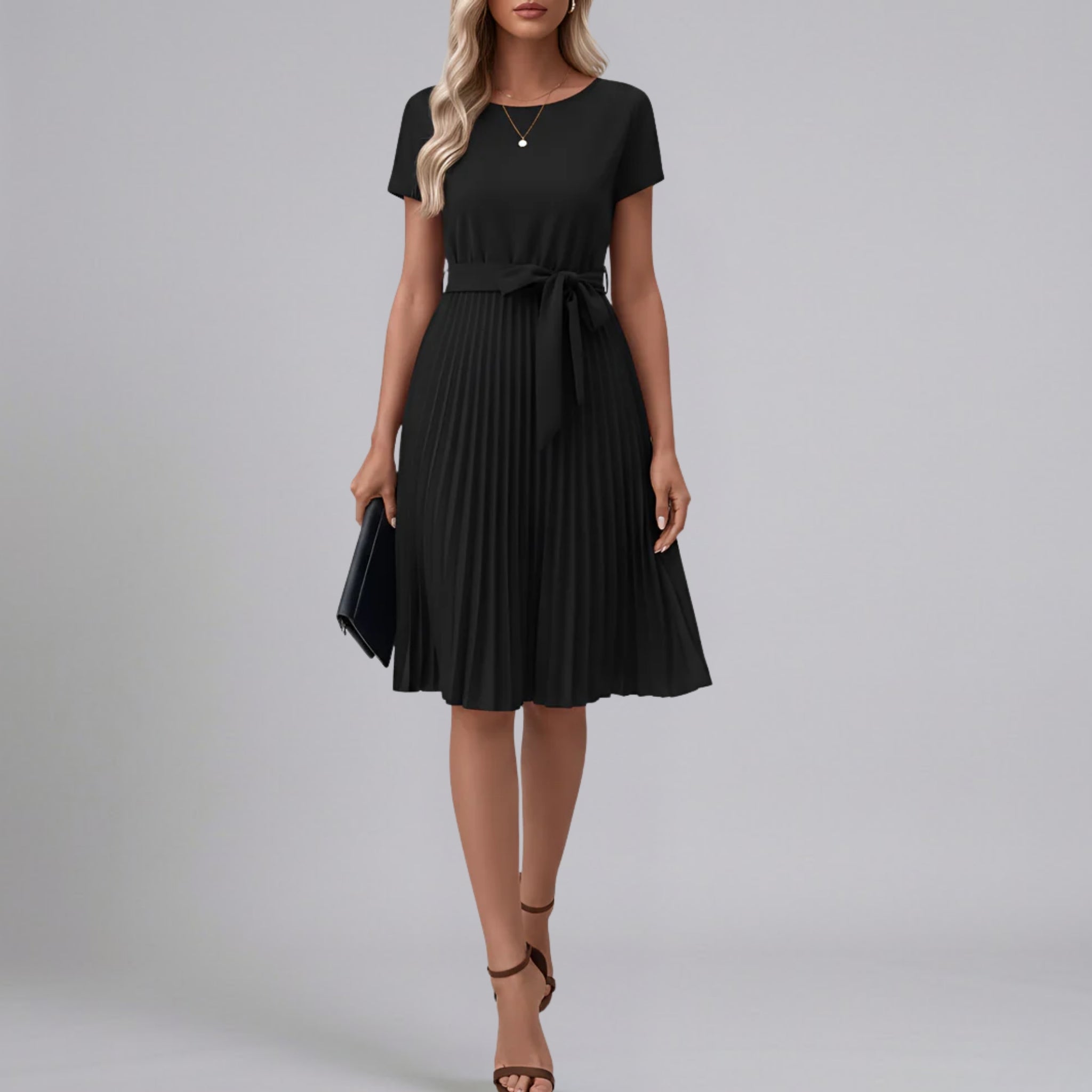 Women’s Pleated Belted Crew-Neck Midi Dress