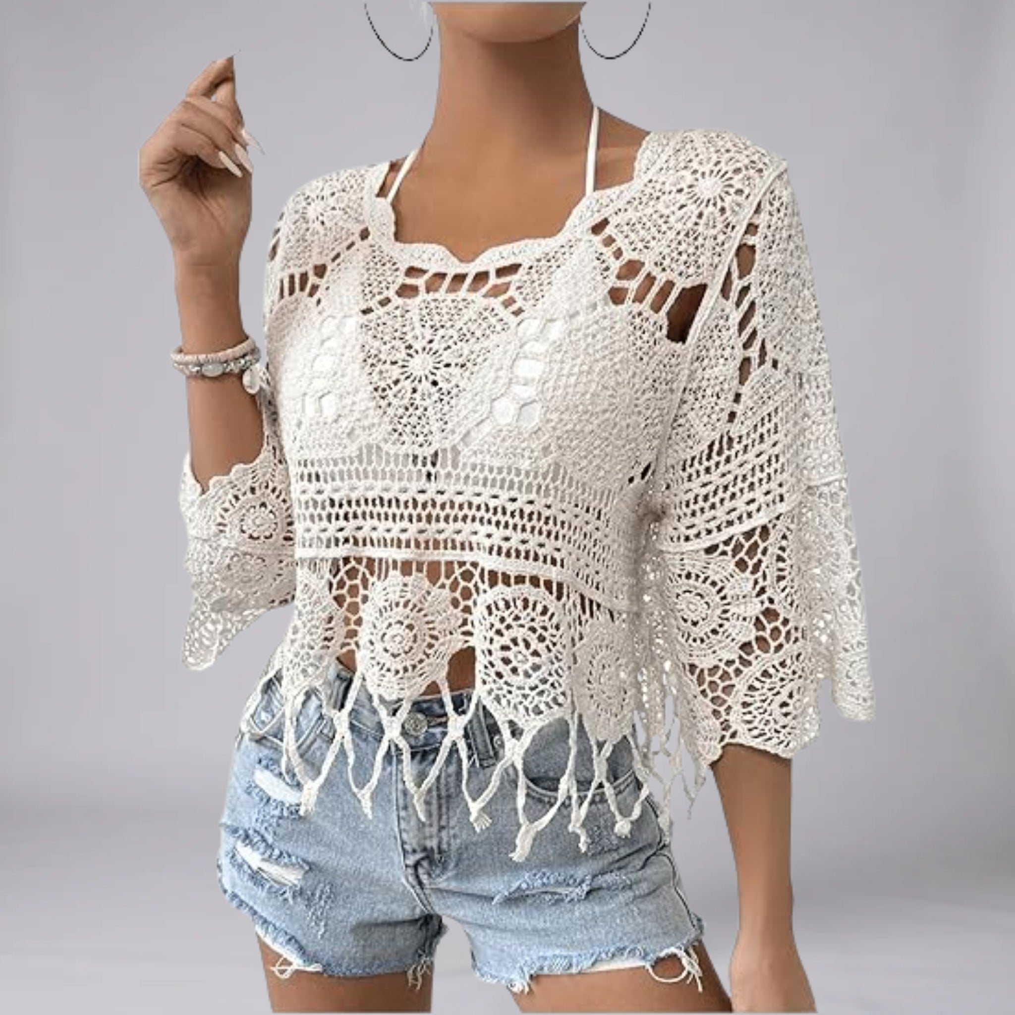 Women’s Pointelle Crochet-Knit Beach Cover Top