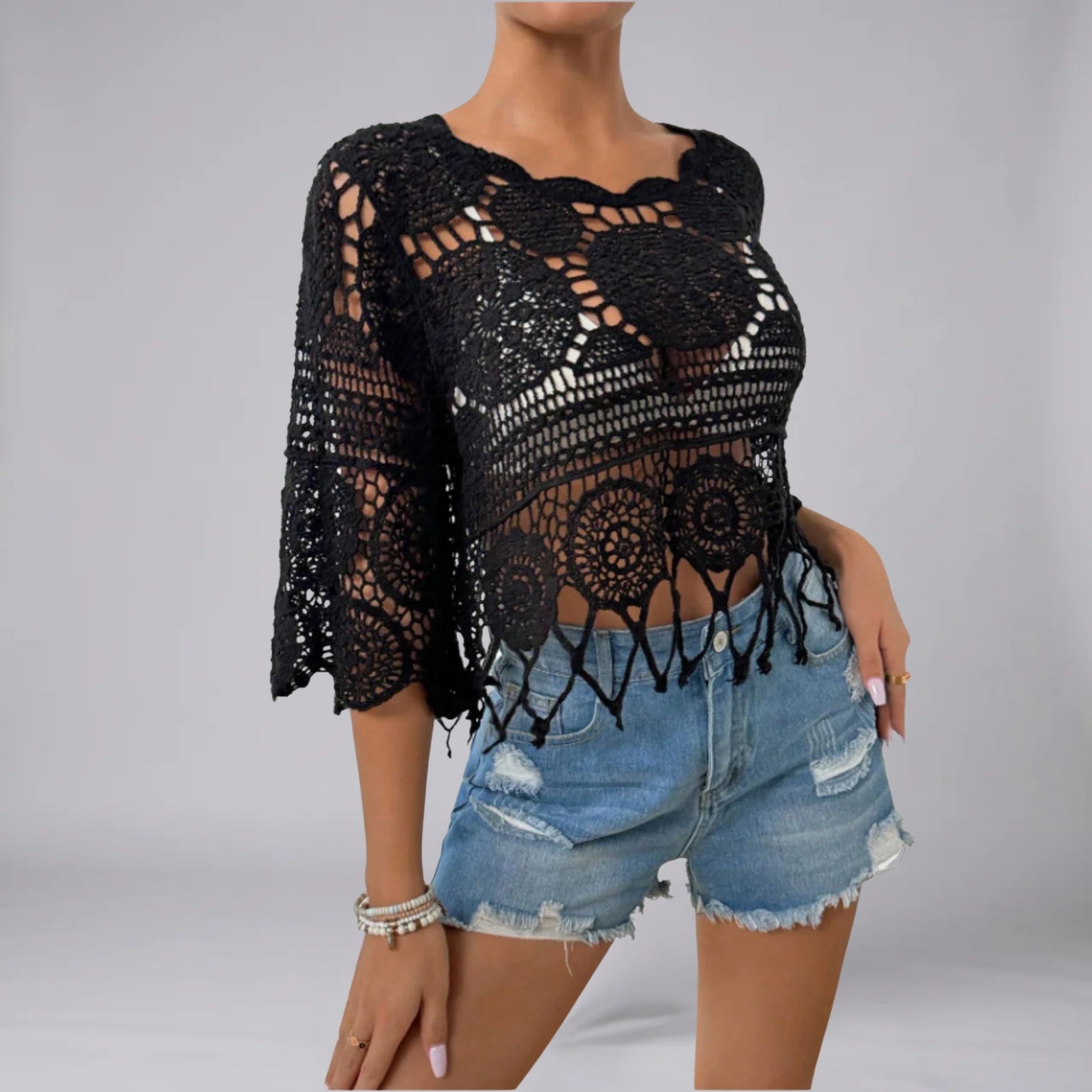 Women’s Pointelle Crochet-Knit Beach Cover Top