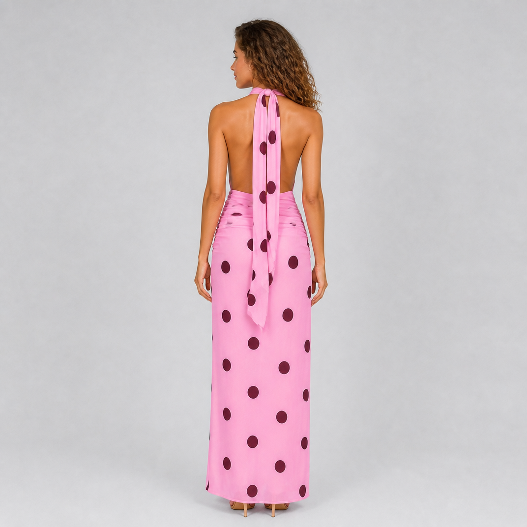 Women's Polka Dot Halter Maxi Dress – Elegant Going Out Dress