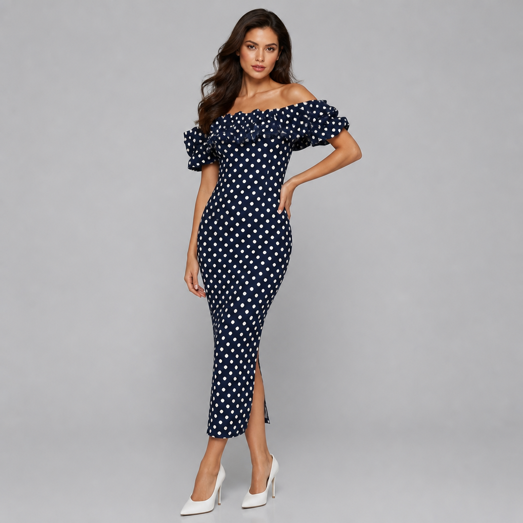 Women's Polka Dot Midi Dress – Off-Shoulder Ruffle Party & Wedding Guest Gown