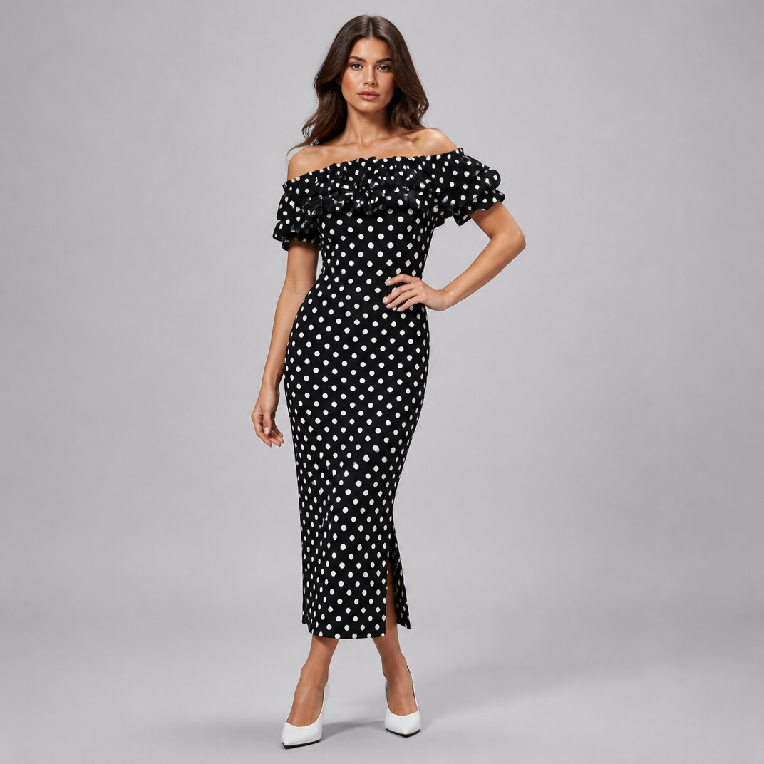 Women's Polka Dot Midi Dress – Off-Shoulder Ruffle Party & Wedding Guest Gown