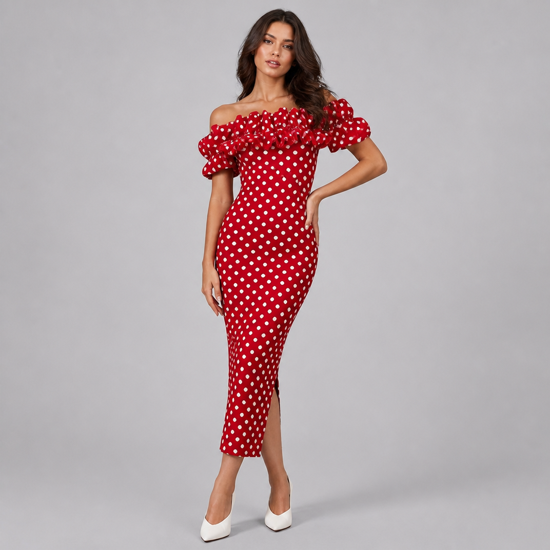 Women's Polka Dot Midi Dress – Off-Shoulder Ruffle Party & Wedding Guest Gown
