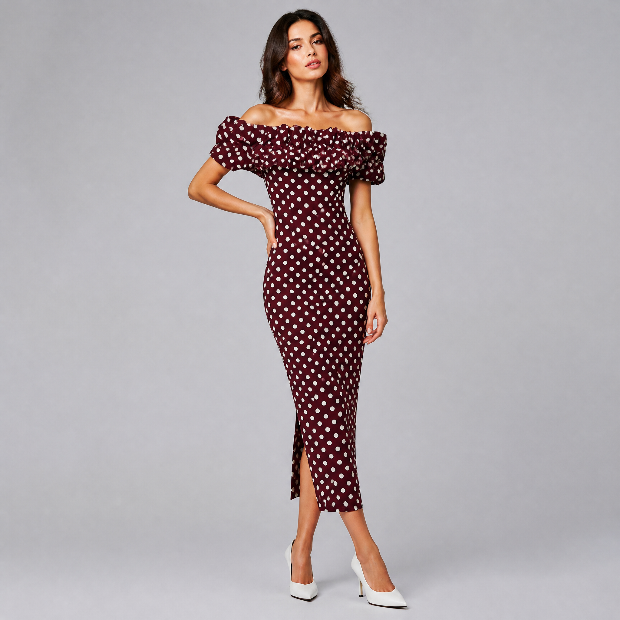 Women's Polka Dot Midi Dress – Off-Shoulder Ruffle Party & Wedding Guest Gown
