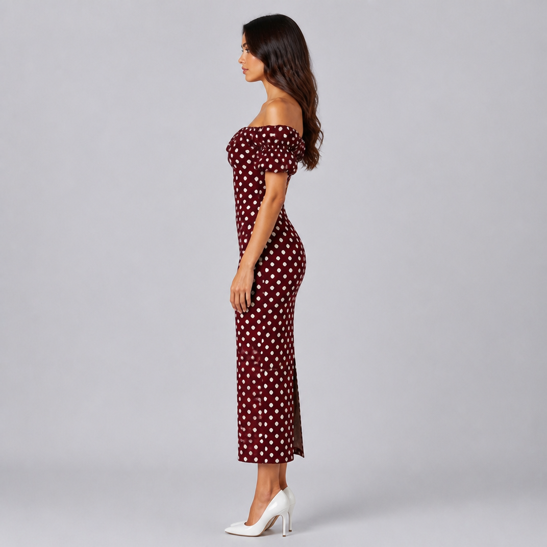 Women's Polka Dot Midi Dress – Off-Shoulder Ruffle Party & Wedding Guest Gown