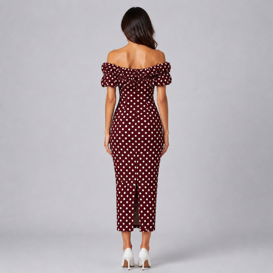 Women's Polka Dot Midi Dress – Off-Shoulder Ruffle Party & Wedding Guest Gown