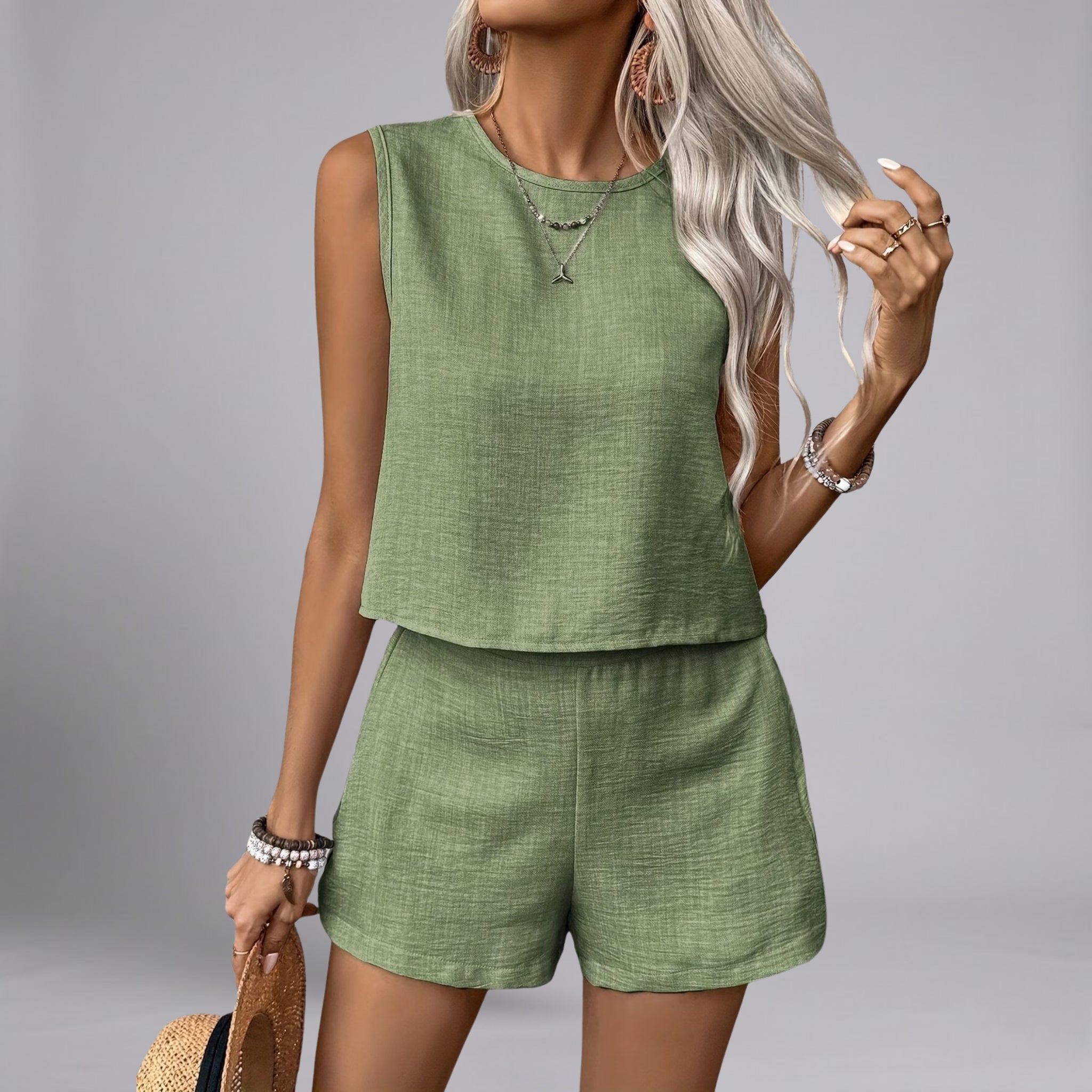 Women’s Relaxed-Fit Linen-Look Textured Beach Resort Shorts Set
