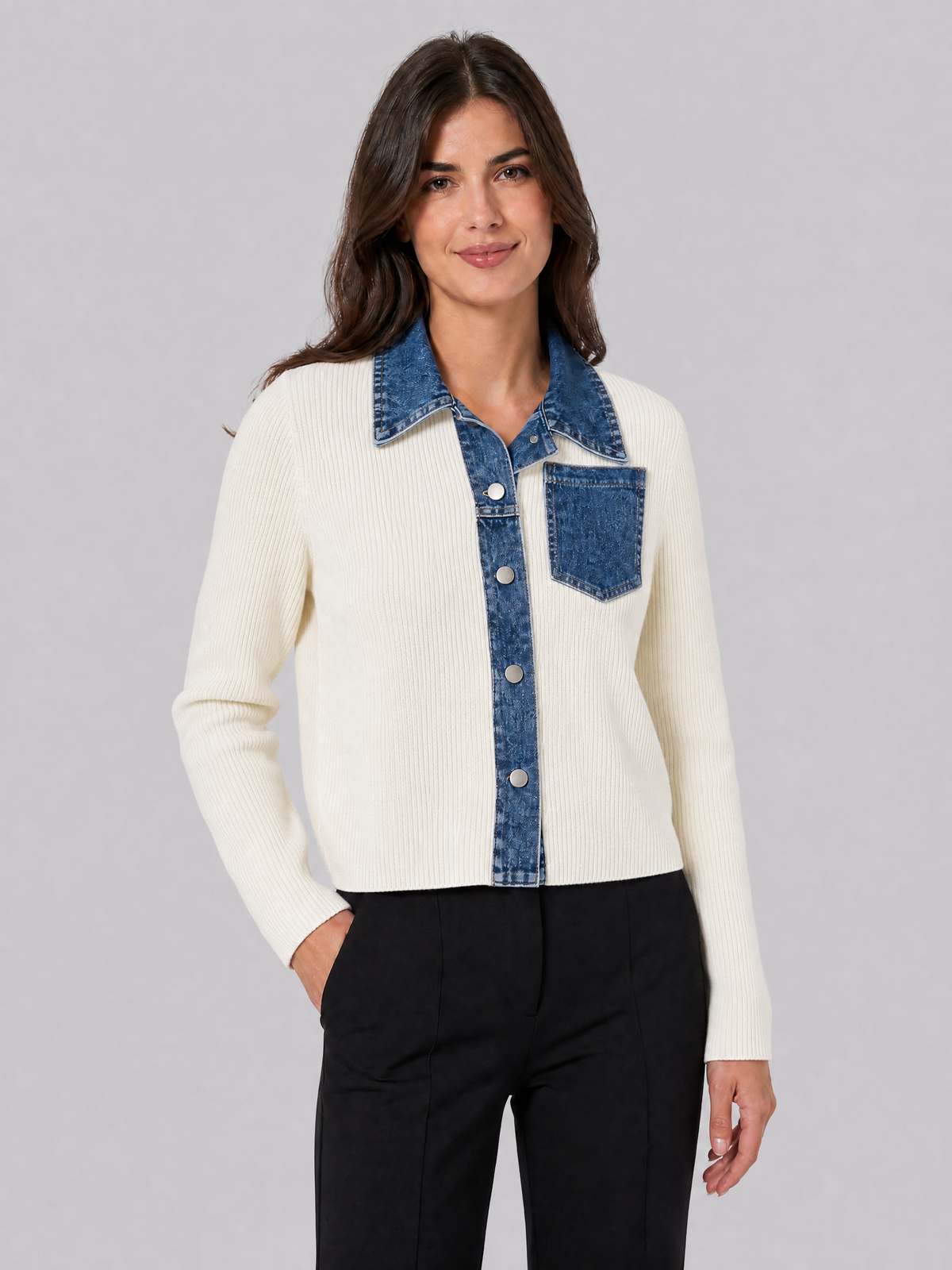 Women's Ribbed Denim Trim Relaxed Button Cardigan