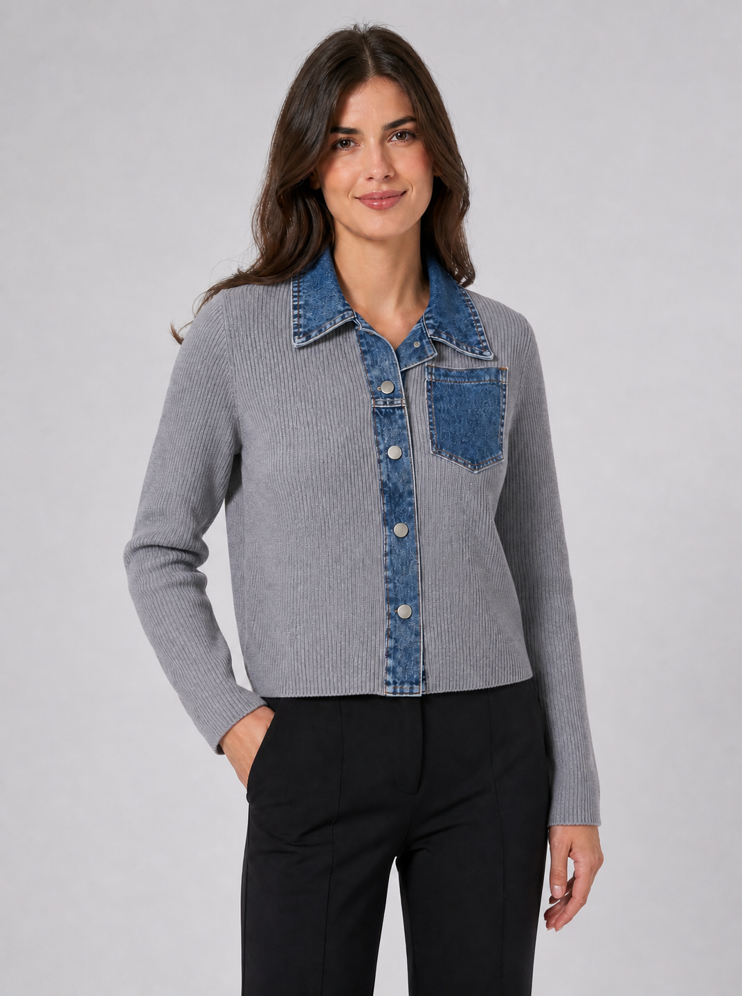 Women's Ribbed Denim Trim Relaxed Button Cardigan