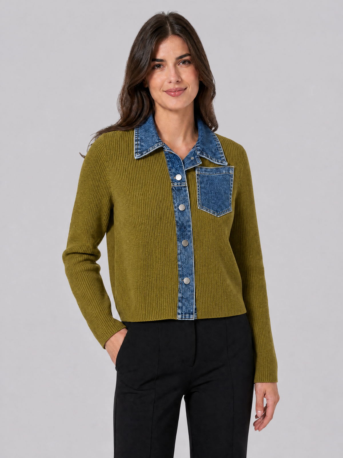 Women's Ribbed Denim Trim Relaxed Button Cardigan