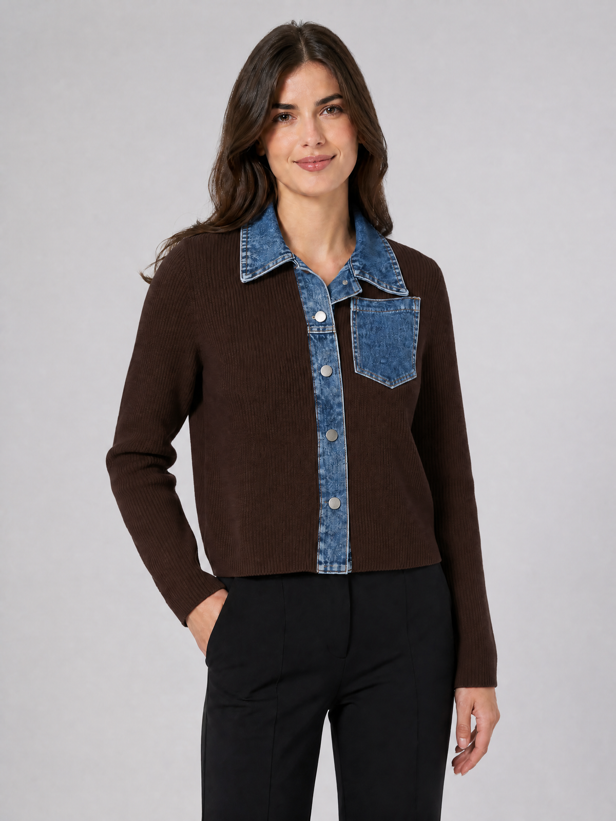 Women's Ribbed Denim Trim Relaxed Button Cardigan