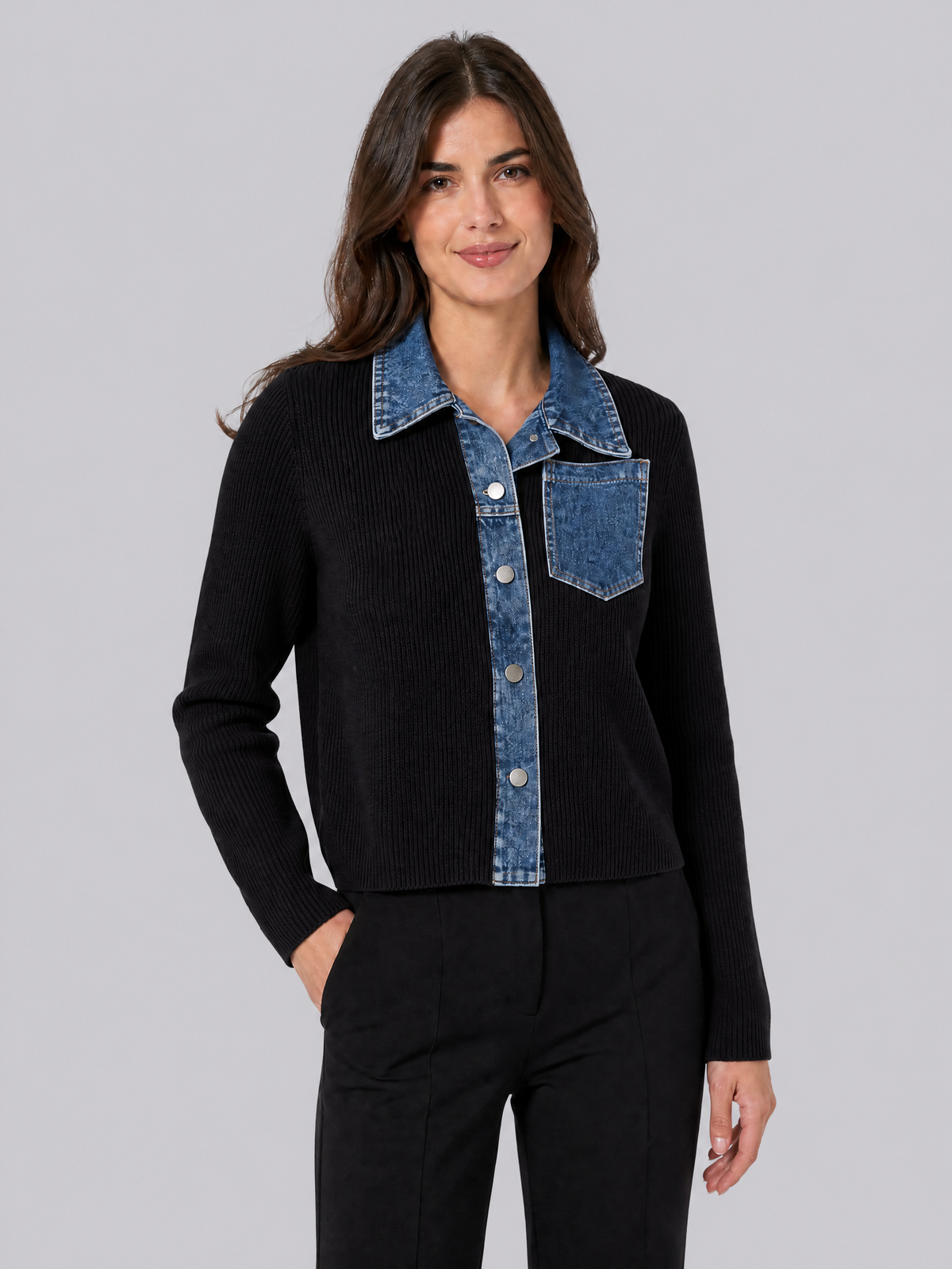 Women's Ribbed Denim Trim Relaxed Button Cardigan