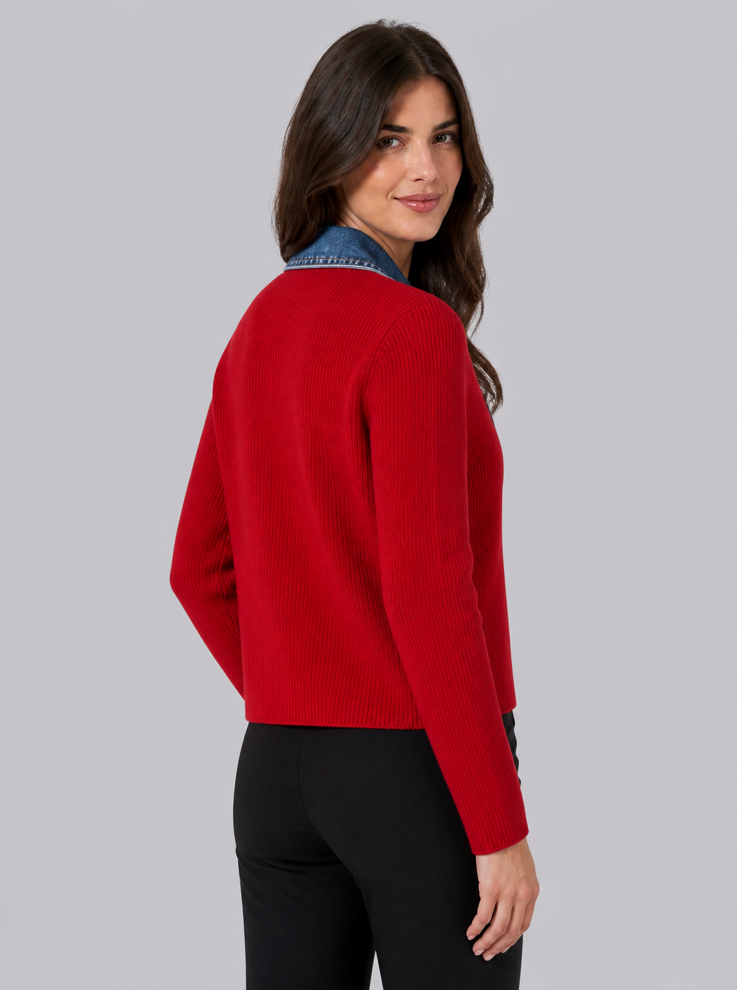 Women's Ribbed Denim Trim Relaxed Button Cardigan