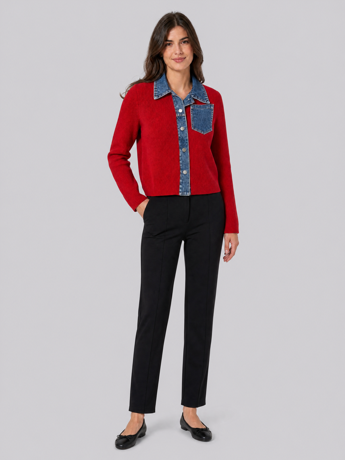 Women's Ribbed Denim Trim Relaxed Button Cardigan