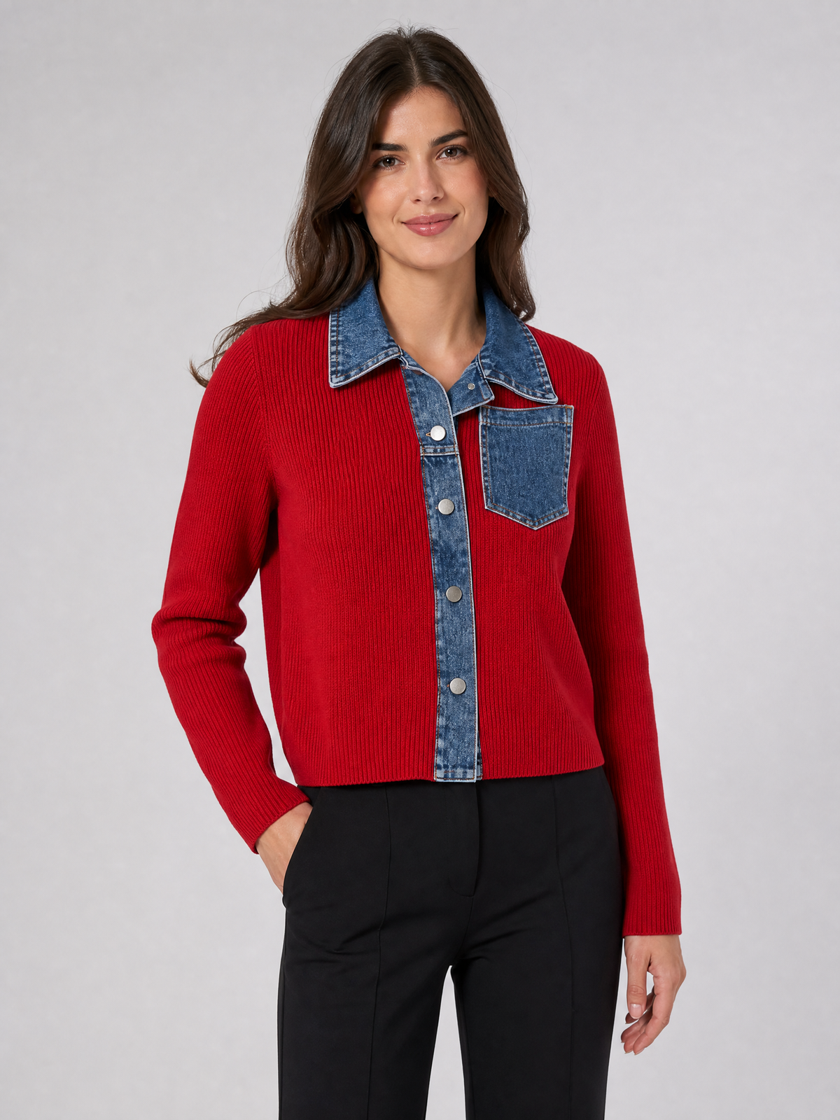 Women's Ribbed Denim Trim Relaxed Button Cardigan