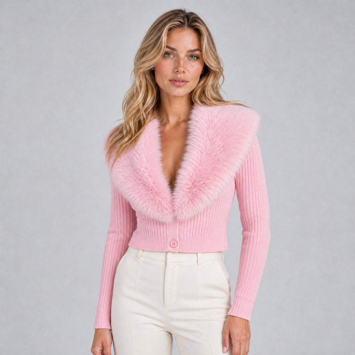 Women's Ribbed Faux Fur Collar Cardigan