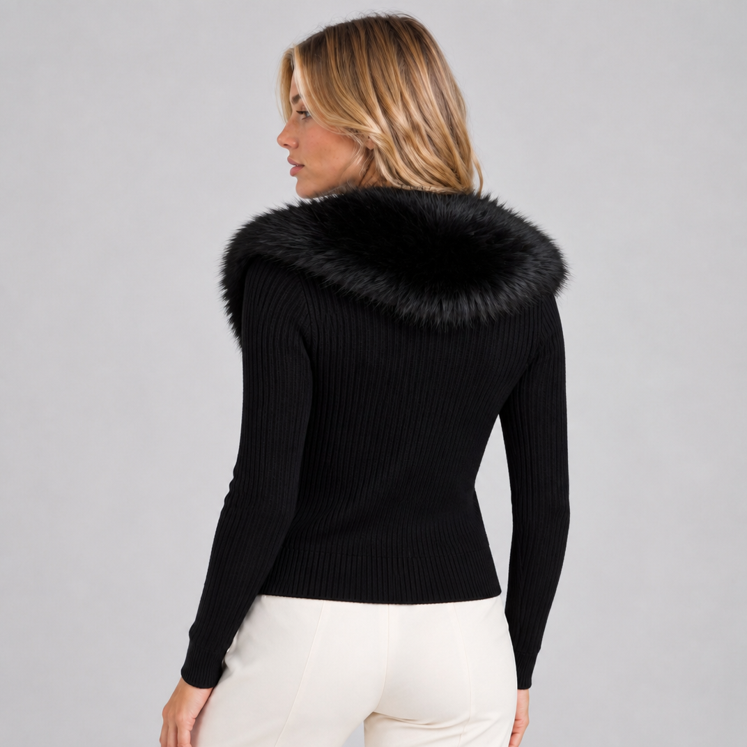 Women's Ribbed Faux Fur Collar Cardigan