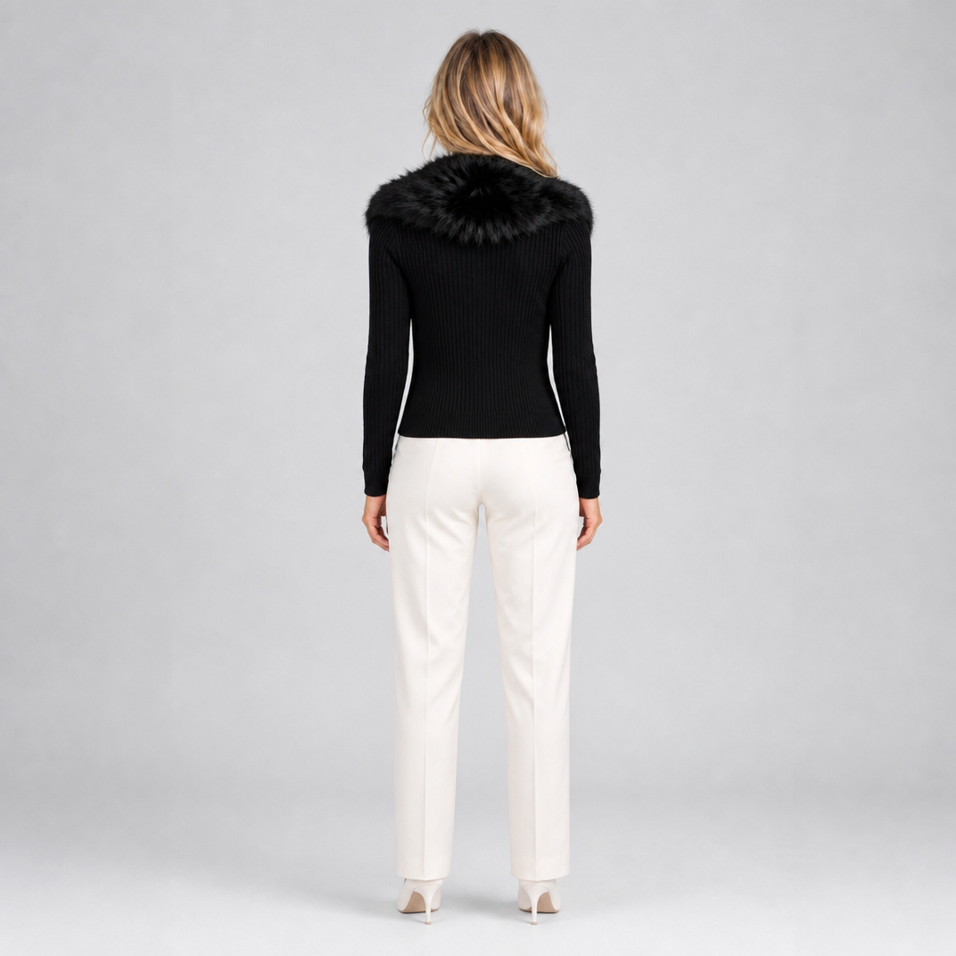Women's Ribbed Faux Fur Collar Cardigan