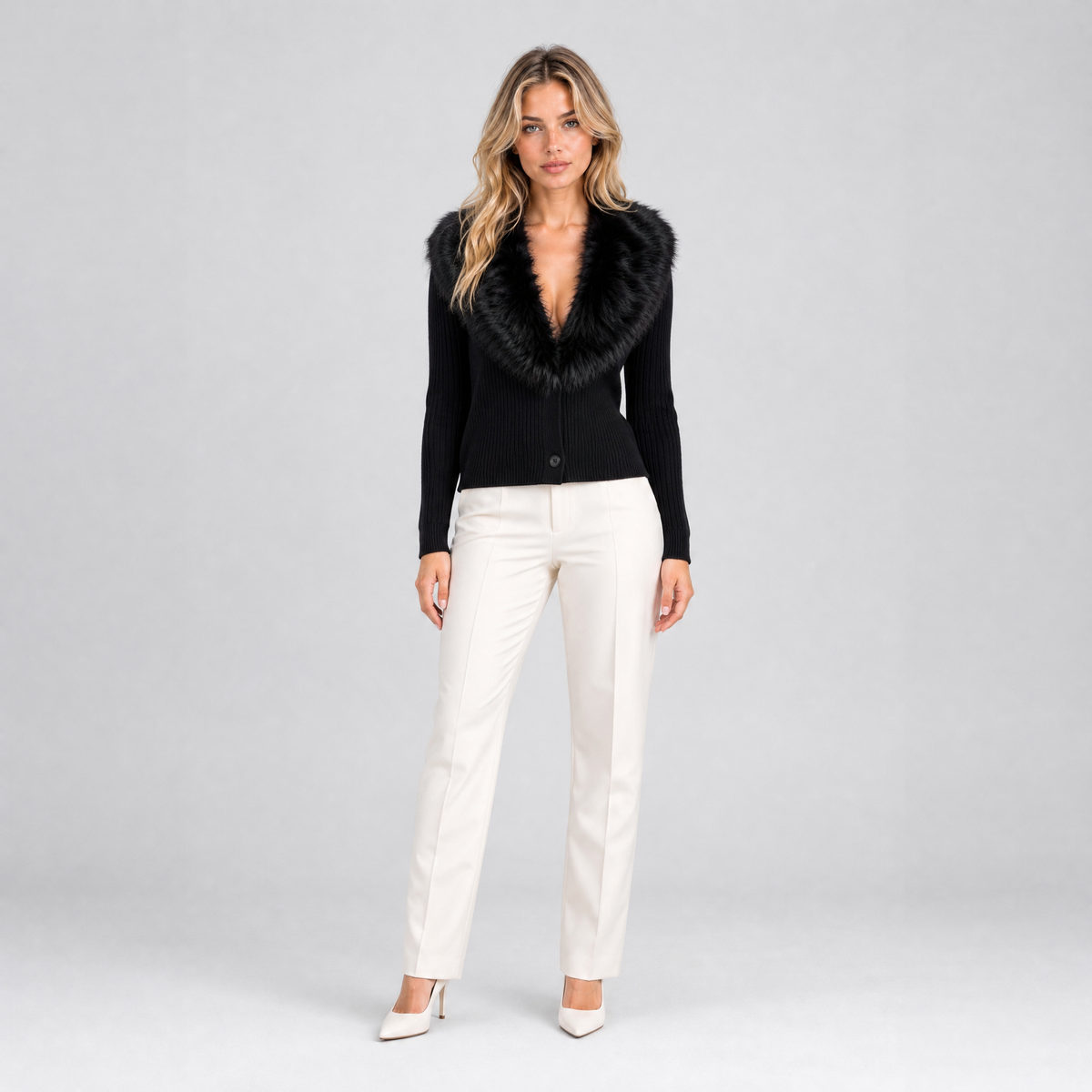Women's Ribbed Faux Fur Collar Cardigan