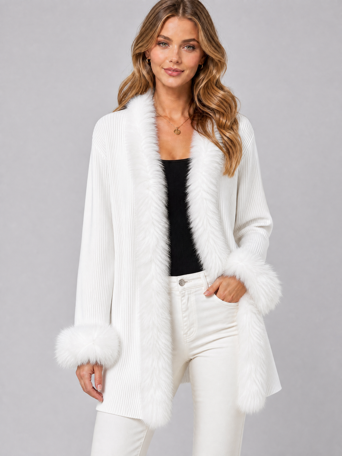 Women's Ribbed Faux Fur Trim Relaxed Open Front Cardigan