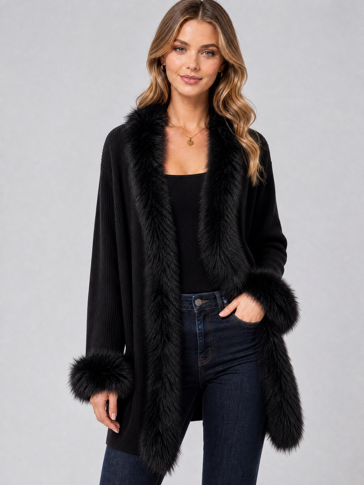 Women's Ribbed Faux Fur Trim Relaxed Open Front Cardigan