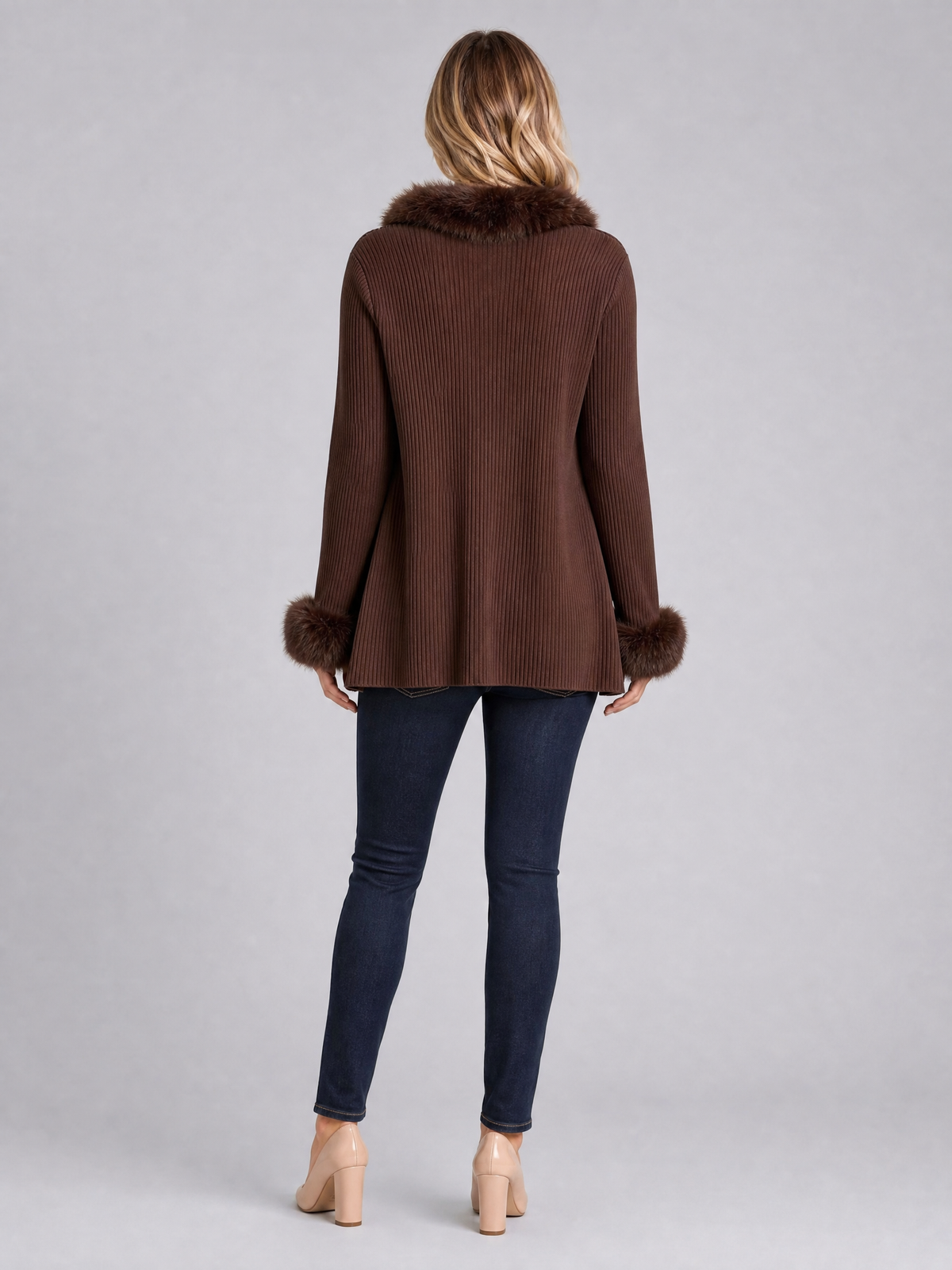 Women's Ribbed Faux Fur Trim Relaxed Open Front Cardigan