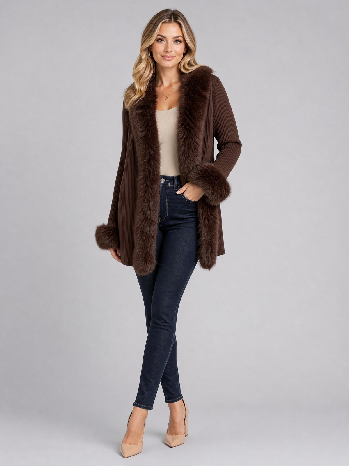 Women's Ribbed Faux Fur Trim Relaxed Open Front Cardigan