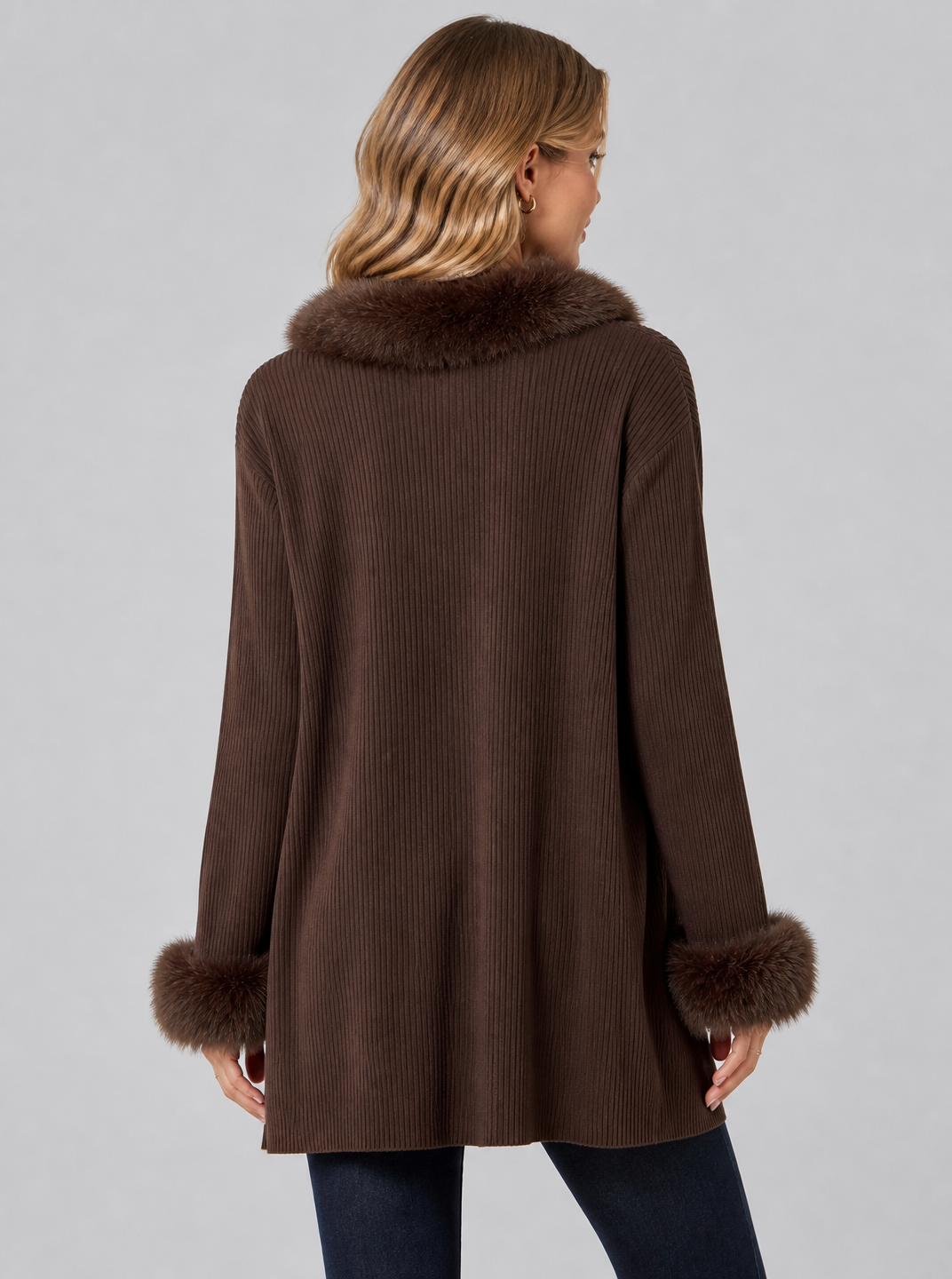 Women's Ribbed Faux Fur Trim Relaxed Open Front Cardigan