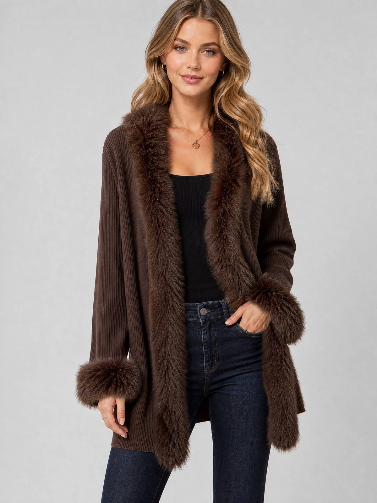 Women's Ribbed Faux Fur Trim Relaxed Open Front Cardigan