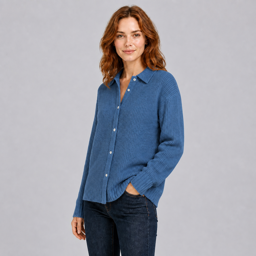 Women's Ribbed Knit Button Front Collared Top