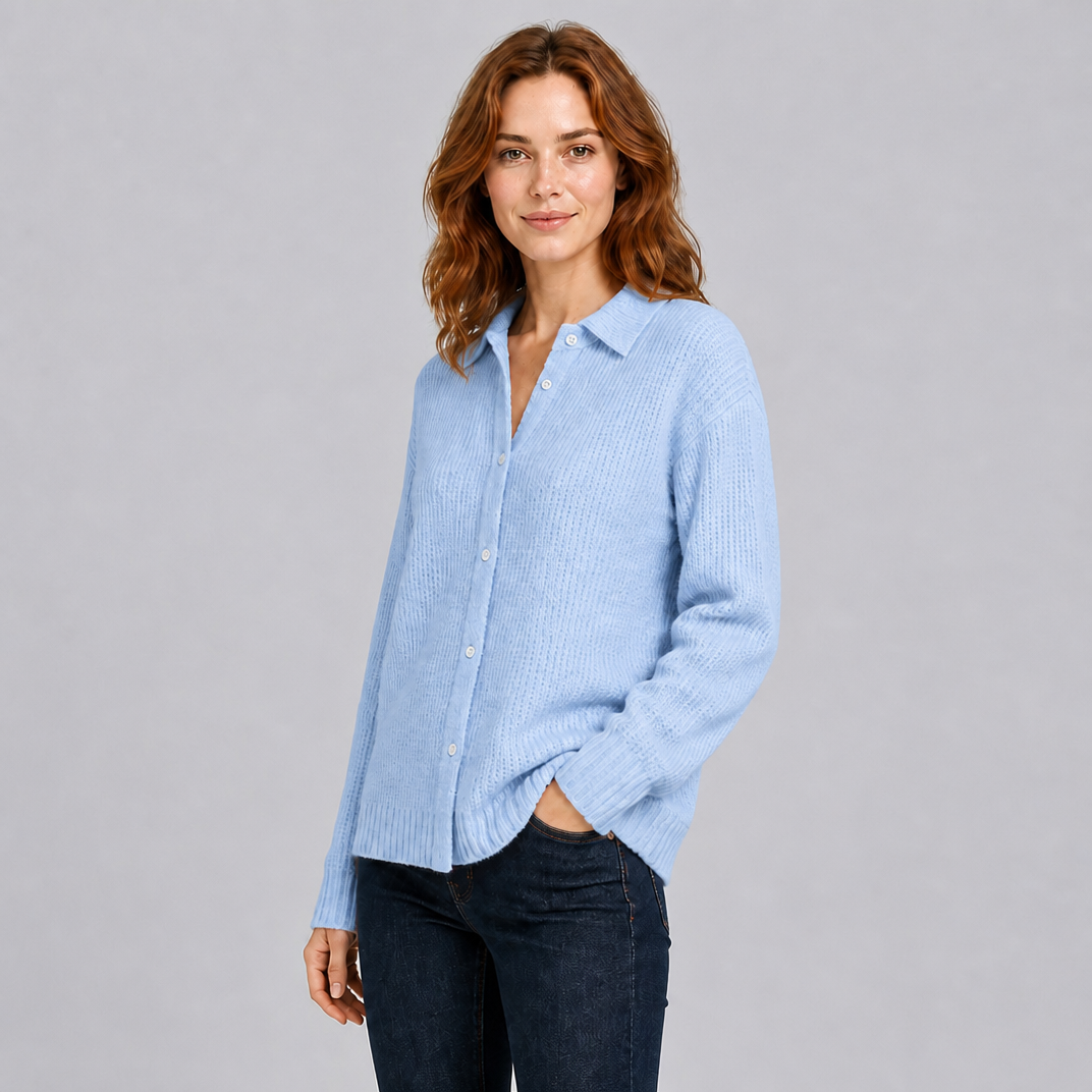 Women's Ribbed Knit Button Front Collared Top