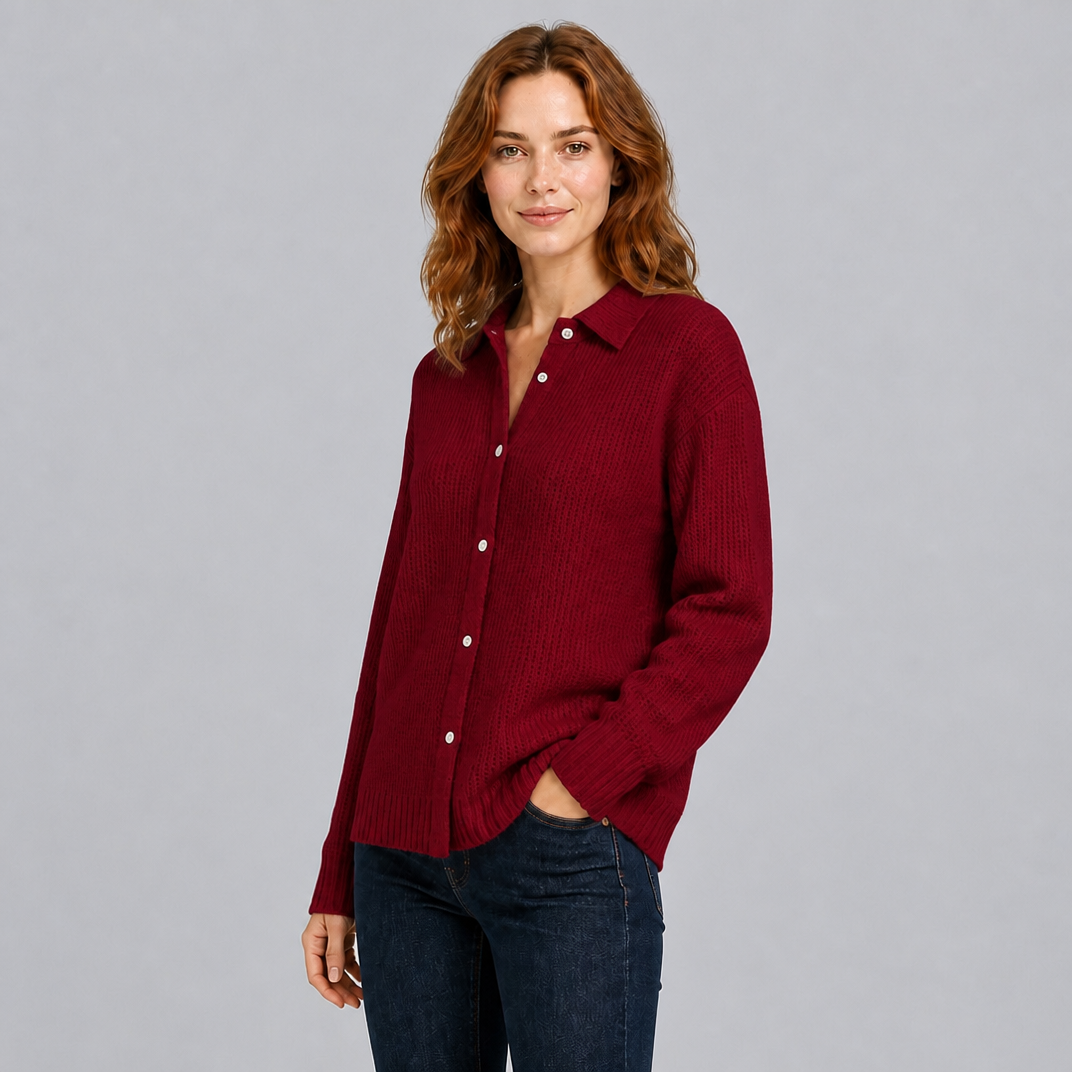 Women's Ribbed Knit Button Front Collared Top