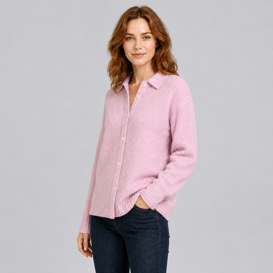 Women's Ribbed Knit Button Front Collared Top